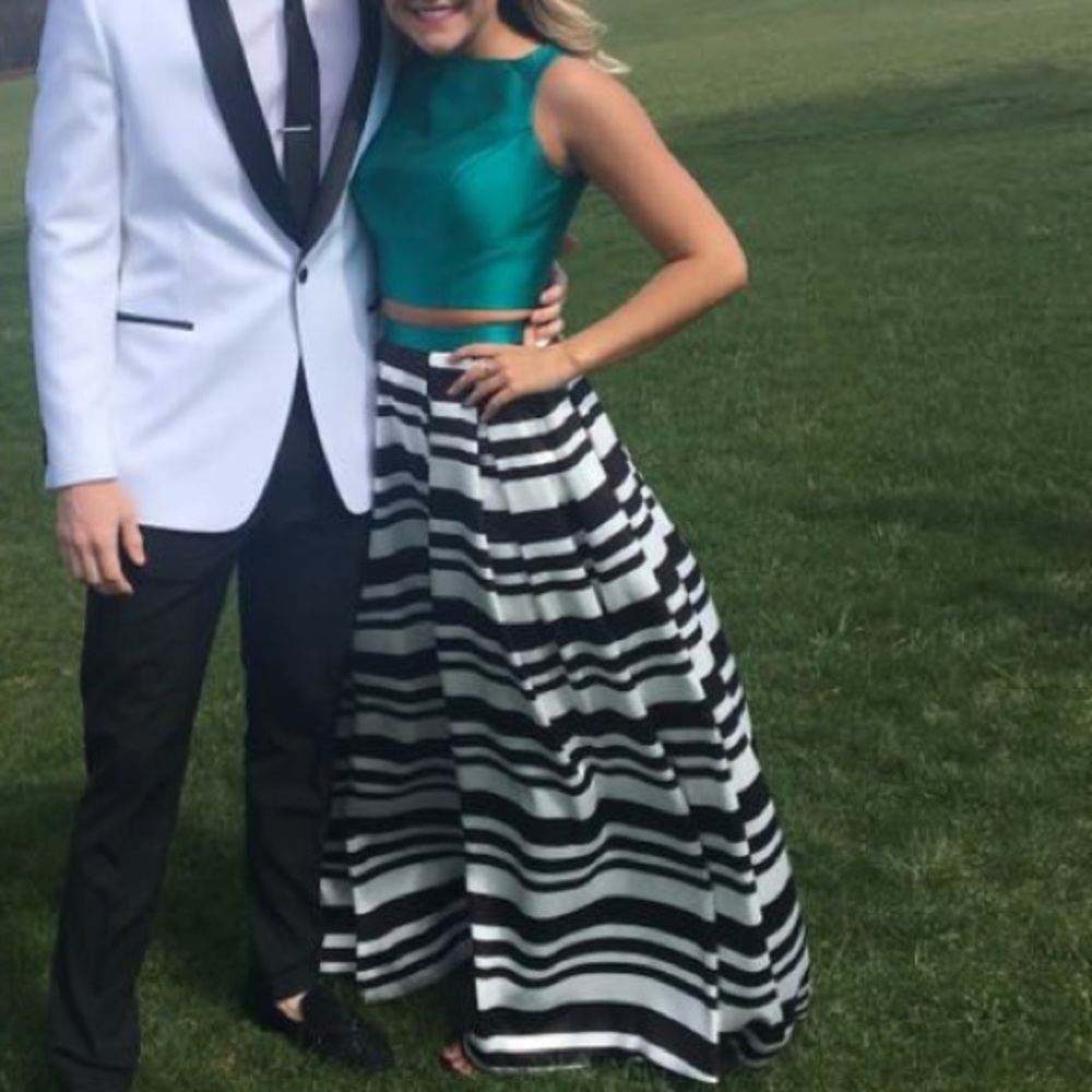 Green and Black and White Striped Sherri Hill